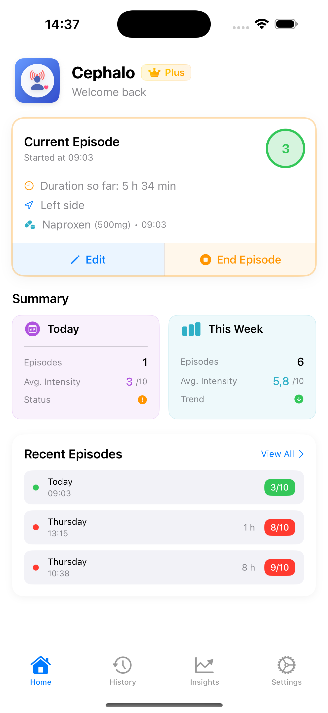 Quick headache logging interface